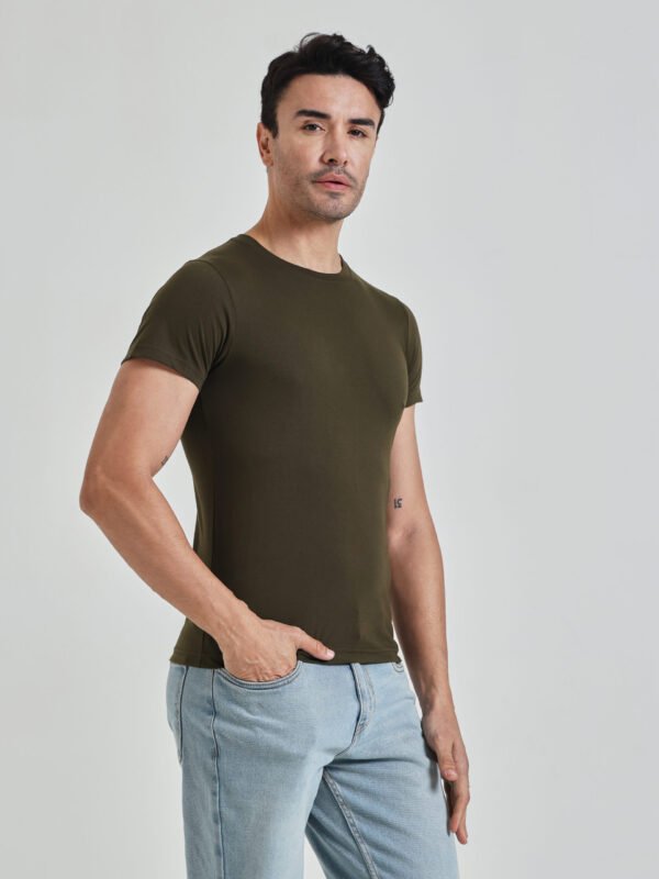 Men’s Solid Olive Green Crew Neck Slim Fit T-Shirt